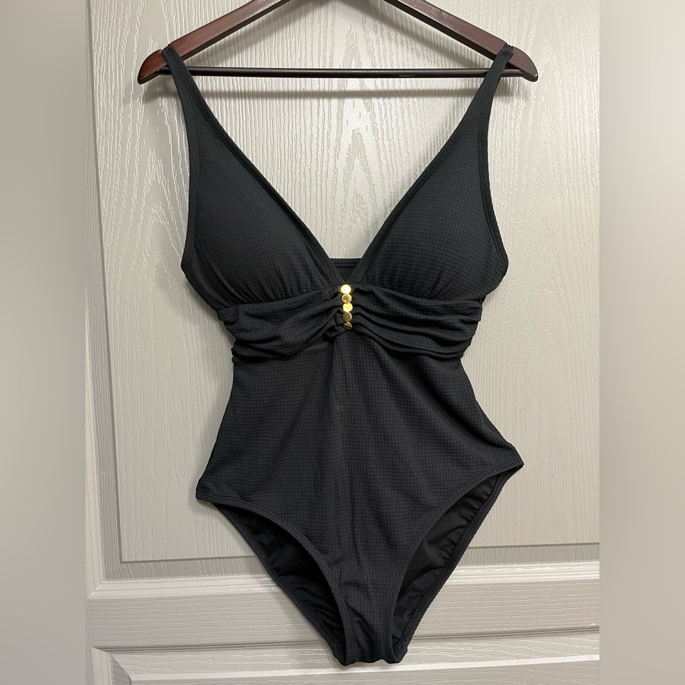 Black One Piece Swimsuit with V-Neck and Ruched Detail